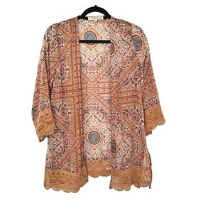 Rewind Women's Tan Mustard Bohemian Boho Lace Trimmed Duster Kimono szXS